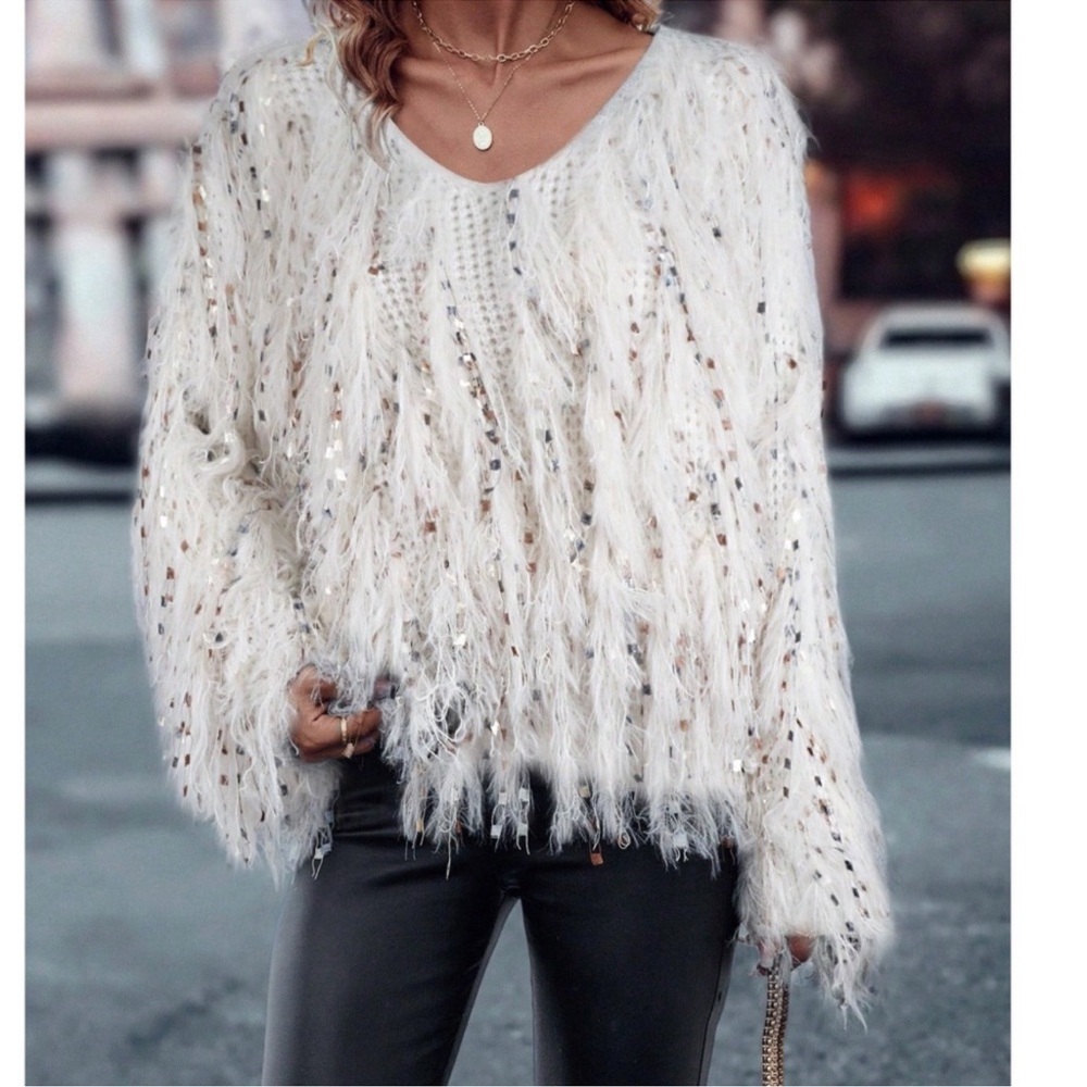 Cozy Fuzzy Multicolor Tassel V Neck Loose Fit Sweater Top S M L XL XXL